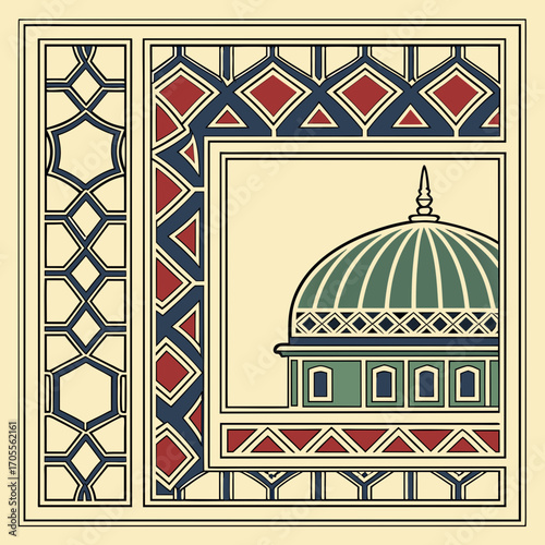 Vector art of an ornate islamicinspired design featuring a mosque dome and geometric patterns in red, blue, and green, framed by decorative borders