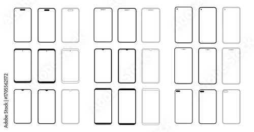 Blank smartphone screens collection. Vector various modern phone front designs with slim bezels and rounded corners. Template for app mockup, interface or mobile presentation. Outlines for technology