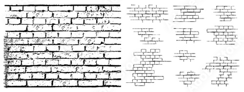 Stone brick wall parts set. Vector collection of interior or exterior of house brickwall. Architecture and urban block construction. Isolated masonry grunge elements of building cladding