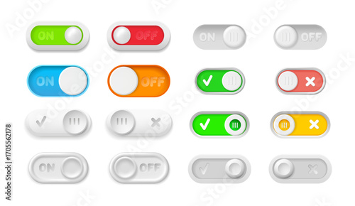 Buttons and switches set with led indicator lights. Vector isolated realistic power, approval and unblocking, reset and mode switches. Industrial UI, control panels or hardware mockups collection