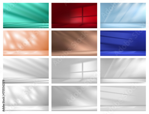 Studio background set with podiums. Vector collection of backdrops with stages and lighting and shadow effects. Product photography and digital mockups, studio scenes for advertising projects