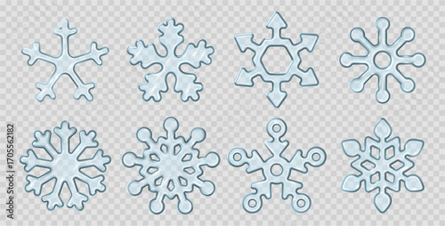 Ice glass snowflakes with realistic frosted effect. Vector isolated collection of unique crystal shapes. Decorative winter elements set for Christmas design and holiday greeting cards