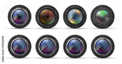Camera lens set. Vector isolated realistic professional photographic equipment element with glass optics and adjustment rings for zoom and focus. Product presentations and advertising layouts