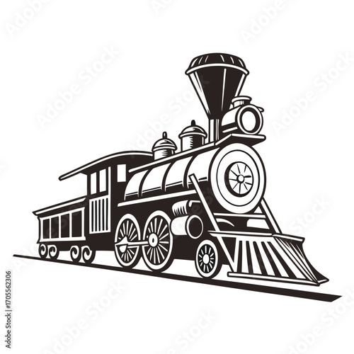 Antique steam engine with passenger car on a white background locomotive train