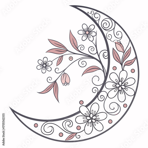 Vector art of delicate floral crescent moon illustration featuring pastel flowers, swirling lines, and gentle curves for a soft, dreamy design