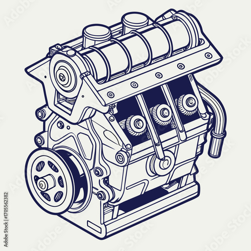 Vector art of detailed illustration of a multicylinder engine, showcasing its internal components and mechanical design, ideal for automotive and engineering contexts