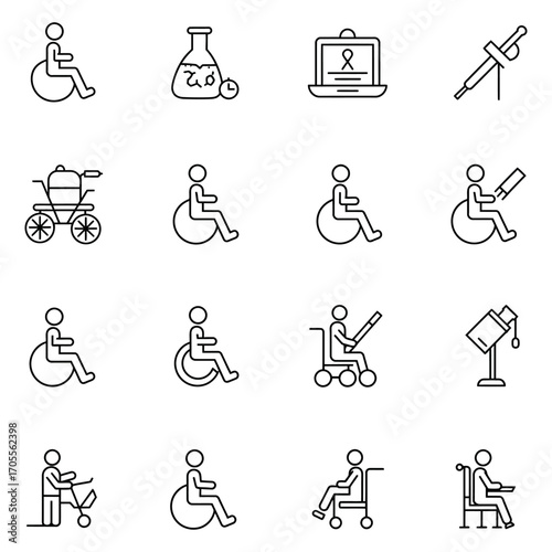 illustrating inclusivity and accessibility for people with disabilities in line art style ideal for healthcare social awareness and support campaigns.
