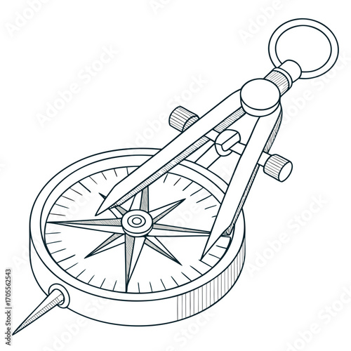 Vector art of detailed line drawing of a vintage compass and divider, showcasing the precision and craftsmanship of navigational tools, perfect for themes of exploration and cartography