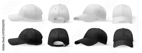 Man and woman clothes and accessories apparels, isolated realistic baseball caps. Vector set of fashionable headwear for summer, sport and hot weather. Casual outfit part of clothing and fashion