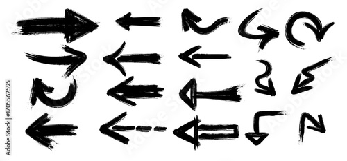 Brush painted street art, set of arrow in grunge style. Vector isolated hand drawn direction symbols. Charcoal up and down cursor emblems. Graffiti lines with arrowheads showing to left and right