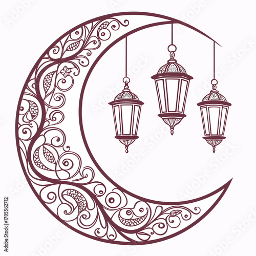 Vector art of elegant crescent moon with intricate floral patterns, complemented by three hanging lanterns, , creating a sophisticated and culturally rich design