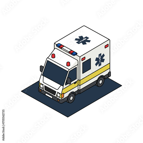 isometric ambulance responding to emergencies offering urgent medical care in a minimalistic urban scene ideal for healthcare marketing campaigns