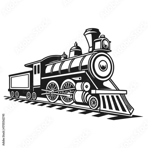 Black and white graphic of a vintage steam locomotive on a railway track with smoke Keywords: steam train, locomotive, engine, railroad, railway, transportation, vintage, retro, old, classic, black
