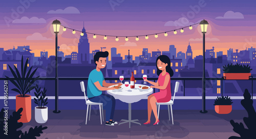 Romantic Rooftop Dinner: Couple Enjoying Wine and Meal at Sunset