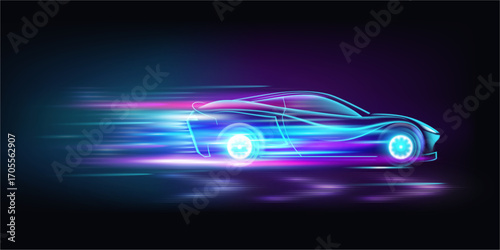 Glowing neon silhouette of speeding car. Vector automobile motion with bright light trails. Beams and sharp lines highlight velocity and racing energy. Dynamic composition, performance design