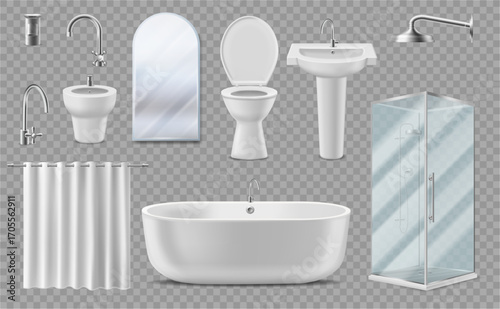 Bathroom elements set. Vector isolated bathtub and toilet, bidet and washbasin, faucet and shower, curtain and mirror. Interior design mockups and restroom realistic product illustrations