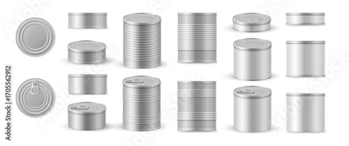 Tin can realistic collection. Vector set of multiple sizes and views. Front, side and top with metallic textures and embossed lids. Packaging presentations and food branding, canned goods or products