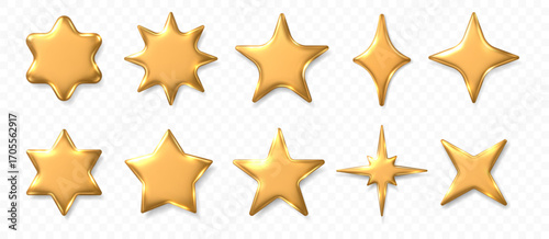 Shiny gold metallic Y2K stars with different realistic 3D shapes. Vector isolated set of starlets with classic, sharp and rounded forms. Decorative golden icons for holiday and celebration artwork