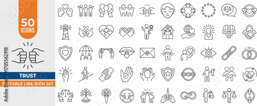 Minimalist Trust & Loyalty Line Icon Set – Editable Vector Set Featuring Reliability, Responsibility, Unity, Belief, loyalty, Integrity & Commitment. Editable Stroke. Vector Illustration.