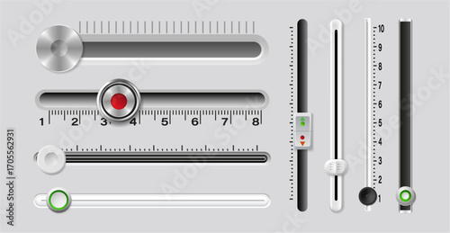 Metallic sliders, knobs and controllers in realistic style. Vector collection of horizontal and vertical adjustment bars with scale marks, round handles and digital interface elements. Control panels