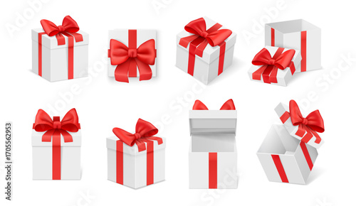 Giftboxes with decorative ribbon bows and opened and closed lids. Vector isolated realistic present boxes mockups, surprise for holiday or special occasion, birthday or christmas celebration