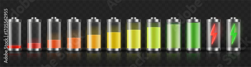 Battery level mockup set. Vector realistic storage stages of charge from empty to full with glowing lightning energy icons. Mobile technology, app interface and power design projects