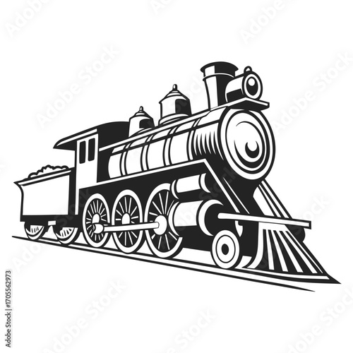 Black and white illustration of a classic steam train with a coal tender on a white background