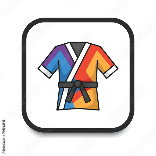 Karate suit with black belt icon martial arts uniform for sports apparel designs symbolizing discipline and fitness in a minimalist graphic style.