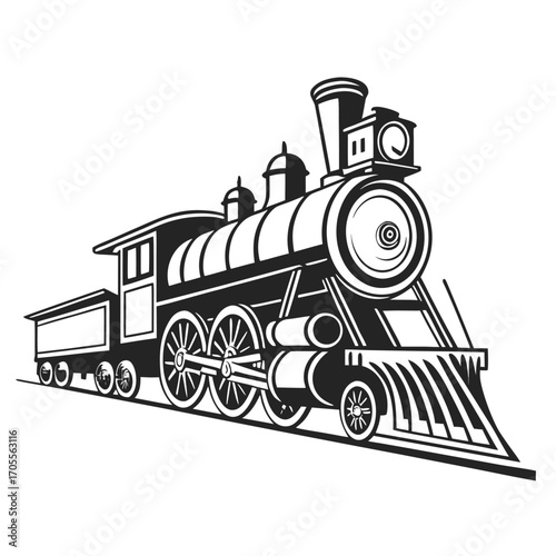Black and white illustration of a steam locomotive with a freight car on railroad tracks train