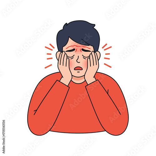 Man suffering from a terrible headache holding his head in pain feeling sick symbolizing stress and health issues for well-being content.