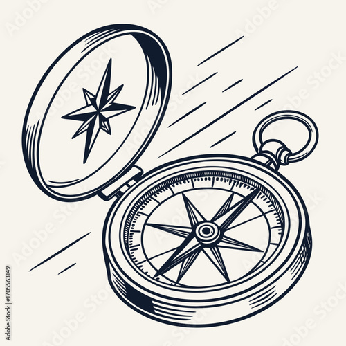 Vector art of hand drawn compass with motion lines vintage navigation equipment with needle and dial vector illustration of travel and adventure