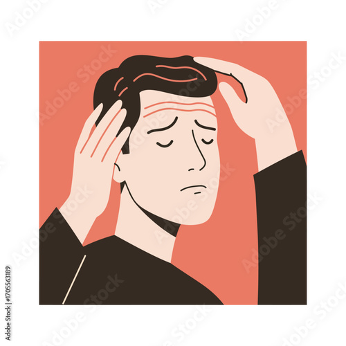 Man touching his head feeling stressed and frustrated against a coral background ideal for articles on mental health anxiety and coping strategies.