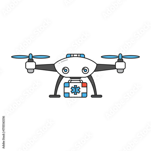 Medical drone carrying a first aid kit delivering emergency supplies and assistance representing telemedicine healthcare innovation and remote patient care.
