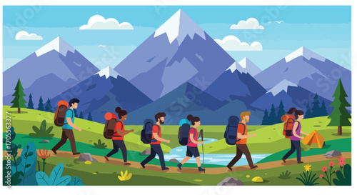 Group of Hikers Walking on Trail with Backpacks and Mountains