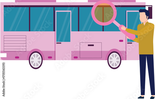 Man checking bus using magnifying glass
