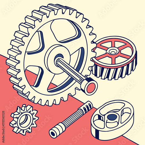 Vector art of isometric illustration of gears and cogs with a retro color palette, showcasing mechanical components and engineering principles