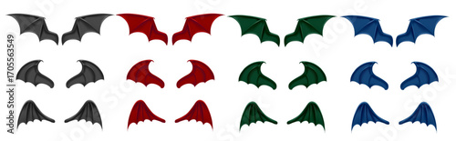 Chiroptera or animal wings stretching and flying. Vector isolated realistic bat membranes set. Costume part or game character elements. Fantastic creature or personage uniform pieces