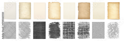 Vintage paper textures with old grunge effect. Vector aged sheets, wrinkled surfaces and rough fabric overlays. Backgrounds and scrapbooking, invitations and retro posters elements