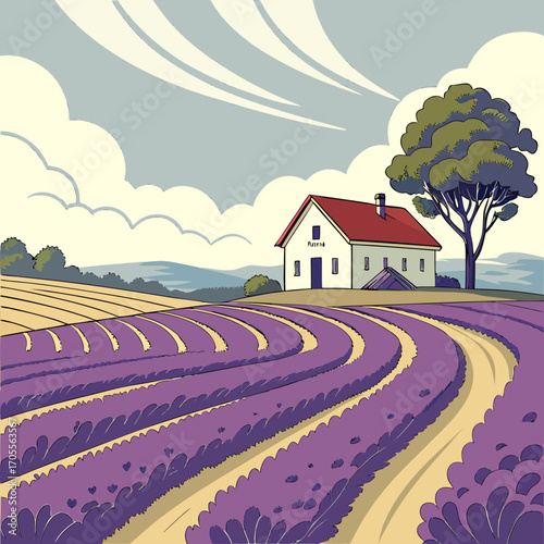 Vector art of lavender field landscape illustration with purple flowers in the foreground, rolling hills, a tree, a house, and a cloudy sky in a vector style, evoking a sense of tranquility