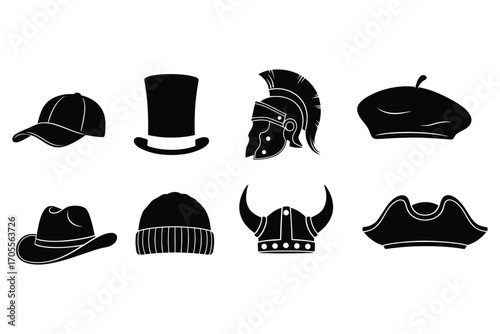 A grid of diverse hat silhouettes isolated on white background