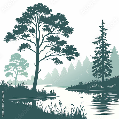 Vector art of scenic river landscape with pine trees and lush vegetation, creating a tranquil and picturesque scene, the calm water reflects the trees
