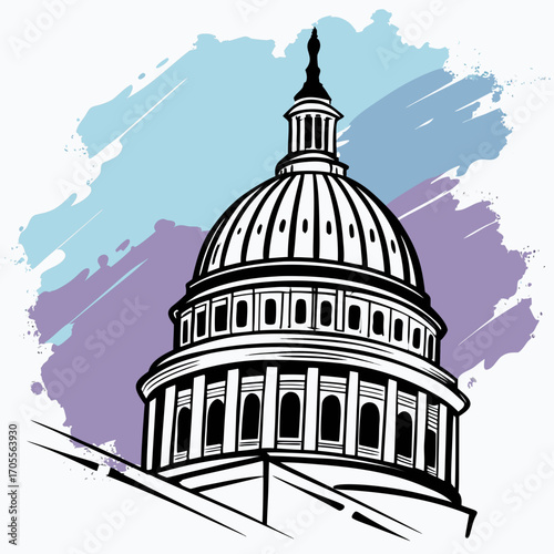 Vector art of stylized illustration of the united states capitol building, showcasing its iconic dome against a backdrop of painterly clouds, rendered in black and white with bold outlines