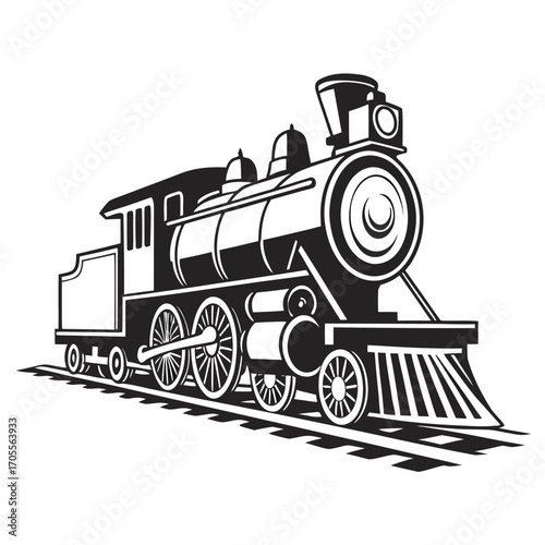 Black and white illustration of a vintage steam locomotive on railway tracks viewed from a low angle