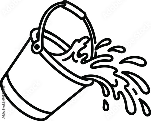 Water splashing out of an overturned bucket, a simple line art illustration.