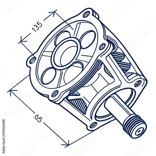 Vector art of technical drawing of a hydraulic pump, showcasing dimensions and internal components for engineering and manufacturing purposes with precise measurements