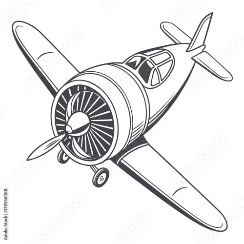 Vector art of vintage airplane with propeller and landing gear, viewed from a high angle