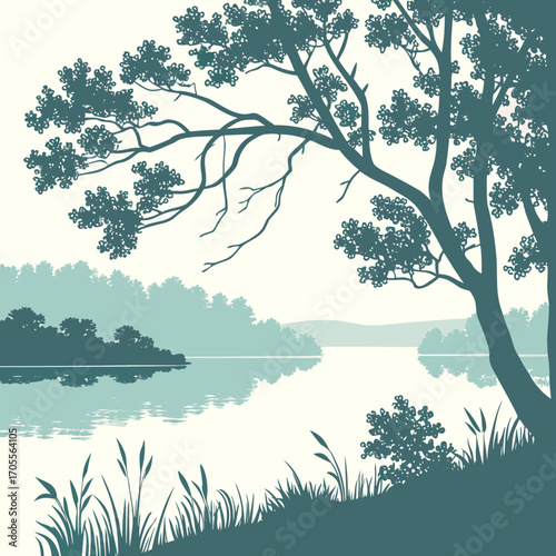 Vector art of tranquil lake landscape with trees and reflections, creating a serene and picturesque scene, the calm water mirrors the lush greenery