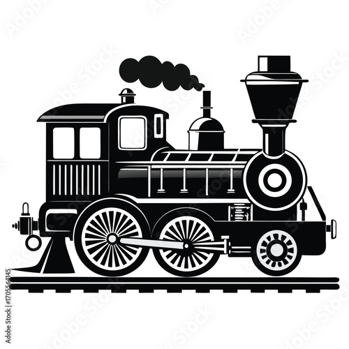 Black and white illustration of a vintage steam locomotive with smoke billowing from its chimney on a white background Keywords: steam train, locomotive, engine, railroad, railway, transportation