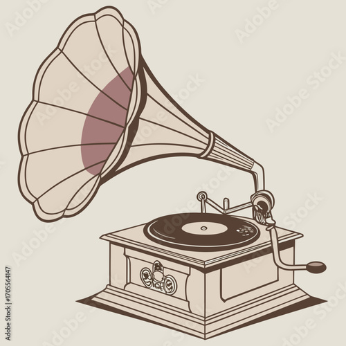 Vector art of vintage gramophone, a classic music player with a horn speaker, perfect for retro themes and nostalgic designs with a touch of elegance
