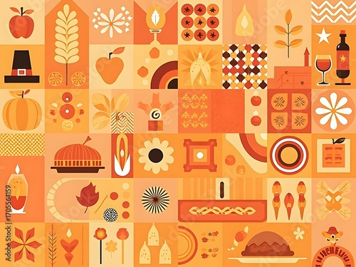 Warm Tones of Autumnal Abundance A Geometric Celebration of Thanksgiving Traditions and Harvest Delights in an Orange Palette